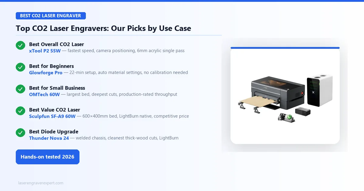 Best CO2 laser engraver picks by use case — best overall xTool P2 55W, best for beginners Glowforge Pro, best for small business OMTech 60W, best value Sculpfun SF-A9, best diode upgrade Thunder Nova 24