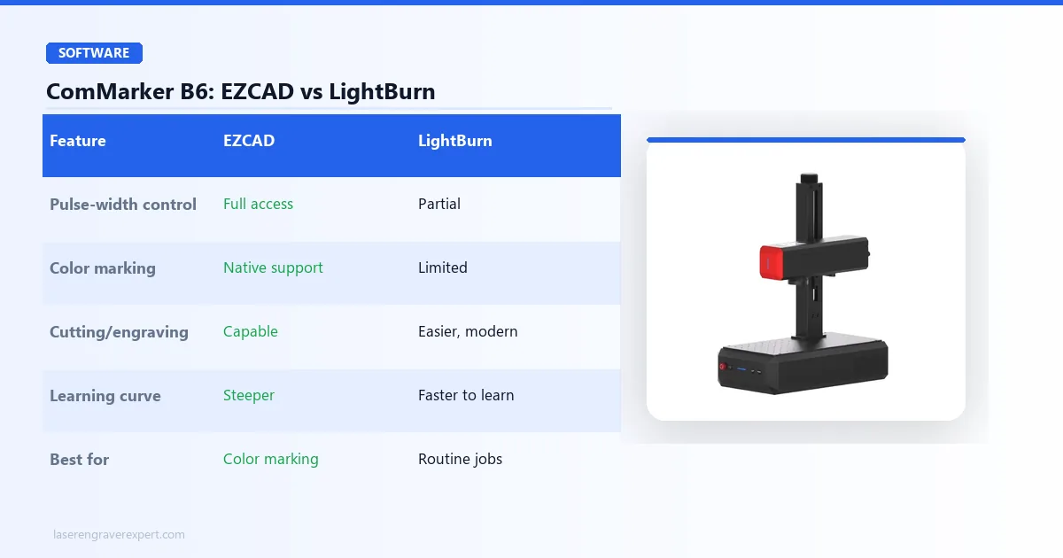 ComMarker B6 software comparison: EZCAD vs LightBurn, MOPA pulse-width control, color marking parameters, and best use case for each