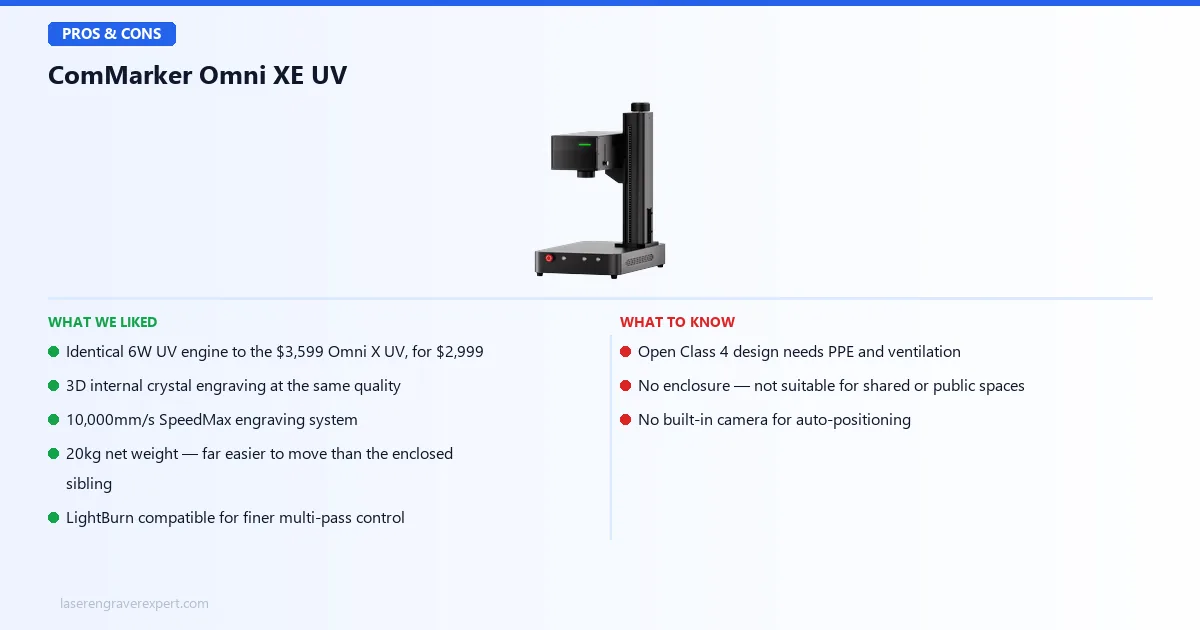 ComMarker Omni XE UV pros and cons: identical 6W engine to Omni X UV for $600 less, versus open Class 4 design and no enclosure