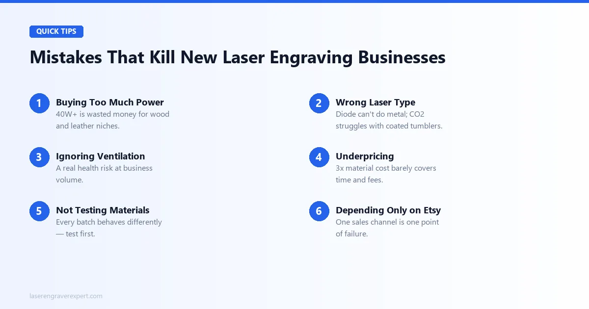 Mistakes that kill new laser engraving businesses: too much power, wrong laser type, ignoring ventilation, underpricing, not testing materials, depending only on Etsy