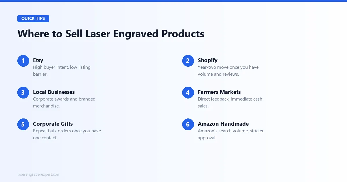 Where to sell laser engraved products: Etsy, Shopify, local businesses, farmers markets, corporate gifts, Amazon Handmade