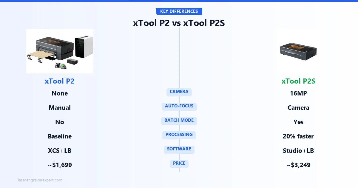 xTool P2 vs xTool P2S key differences: 16MP camera vs none, camera-assisted vs manual auto-focus, batch engraving mode, 20% faster processing, xTool Studio vs Creative Space, and $1,699 vs $3,249 price