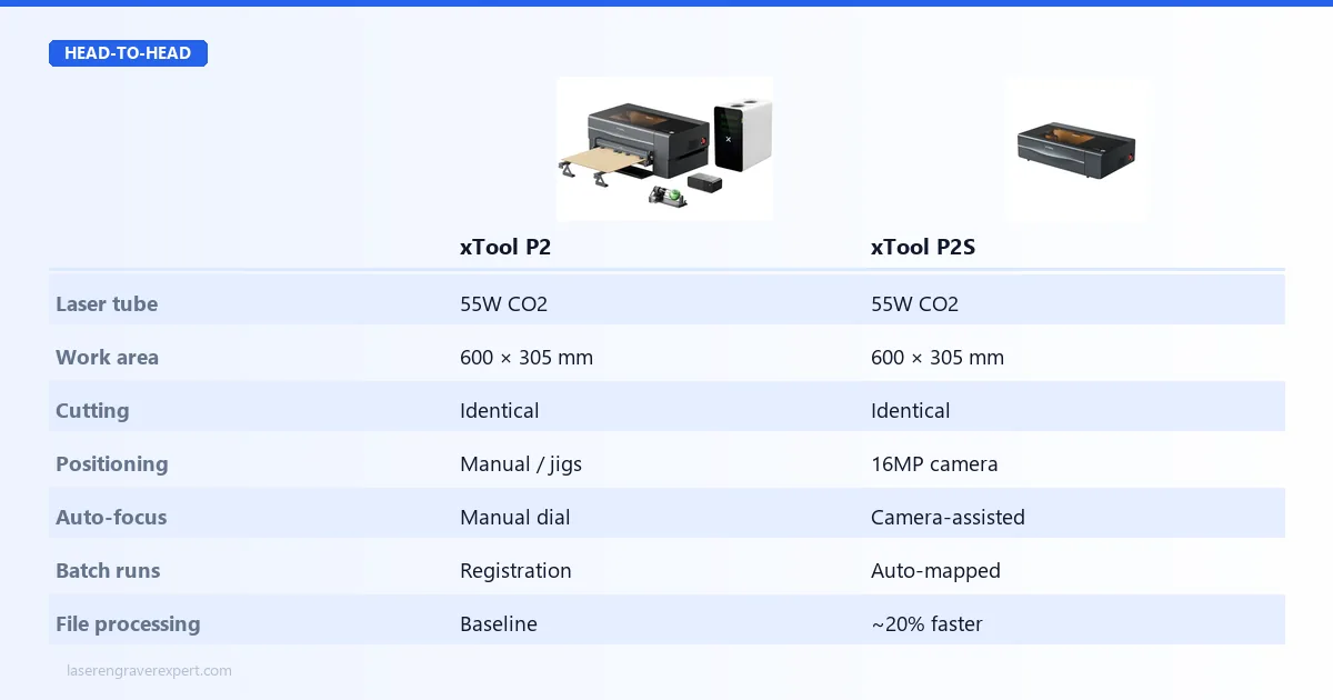 xTool P2 vs xTool P2S performance comparison: identical 55W CO2 tube, 600x305mm work area, and cutting results, with the P2S adding 16MP camera positioning, camera-assisted auto-focus, auto-mapped batch runs, and 20% faster file processing