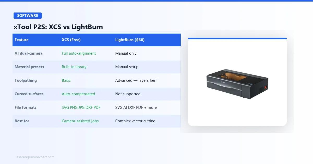 xTool P2S software comparison — xTool Studio vs LightBurn: dual-camera support, material presets, toolpathing, curved surfaces, file formats, and best use case for each